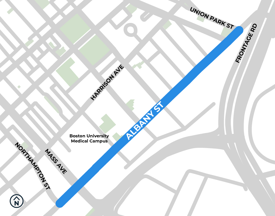 Map showing key connecting streets to Albany Street project area