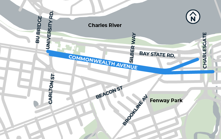 A simplified map of the area surrounding the project extent with Commonwealth Avenue from Charlesgate to University Road marked in blue.