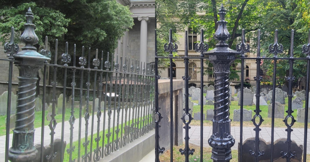 BEFORE: The paint has worn off the fence post and primer is visible. AFTER: The fence post has been repainted.