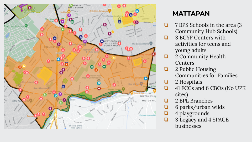 7 BPS Schools in the area (3 Community Hub Schools) 3 BCYF Centers with activities for teens and young adults 2 Community Health Centers 2 Public Housing Communities for Families 2 Hospitals 41 FCCs and 6 CBOs (No UPK sites)   2 BPL Branches 6 parks/urban wilds 4 playgrounds 3 Legacy and 4 SPACE businesses