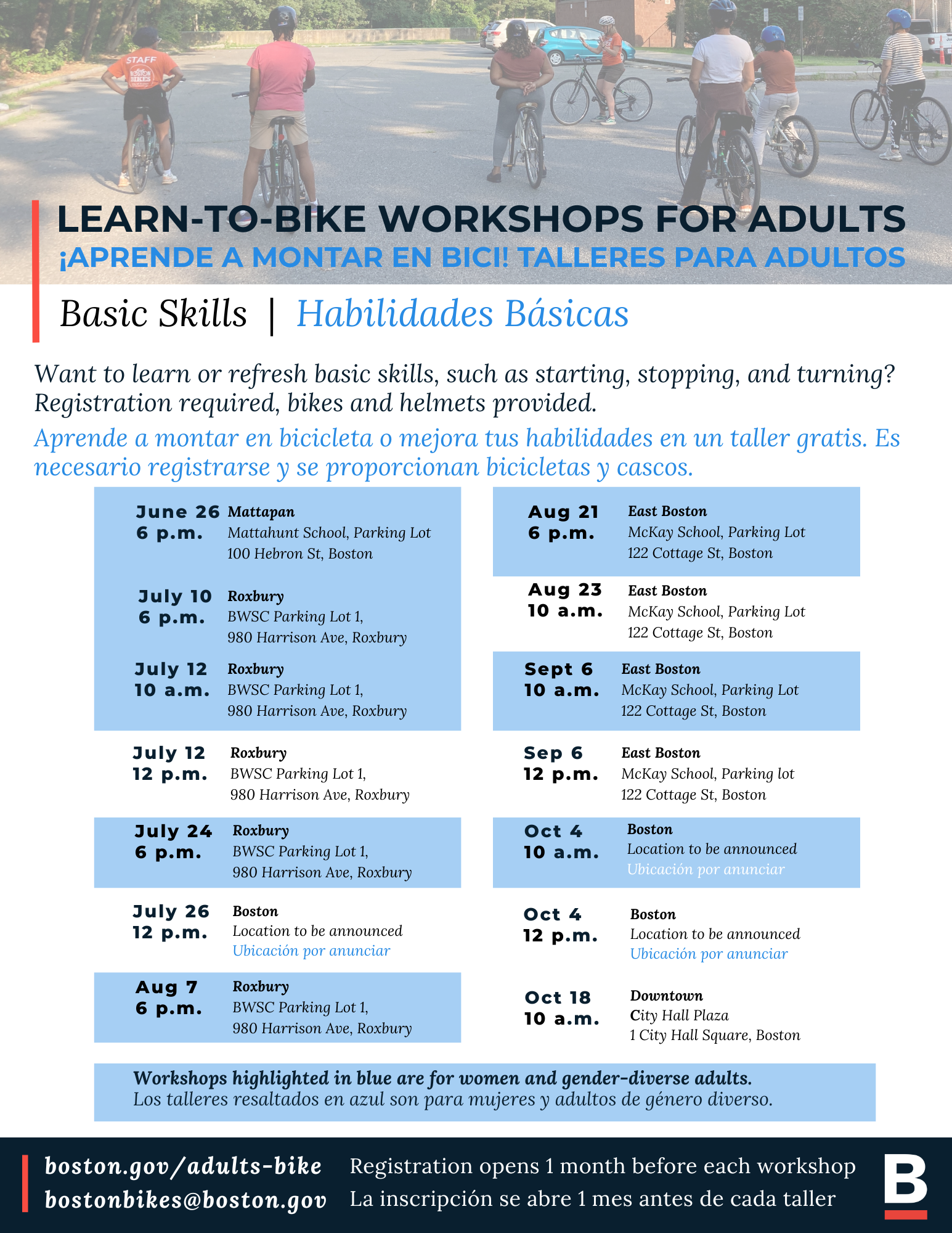 Learn-to-Bike Basic Skills schedule of workshops