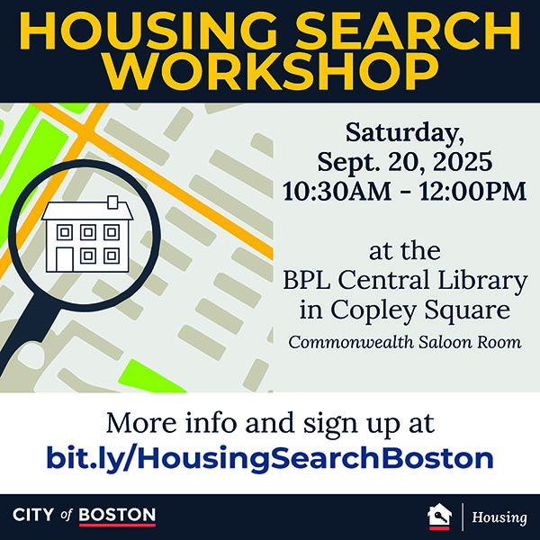 This is a flyer for the Housing Search event that features a home icon inside a magnifying glass over a map of Boston.