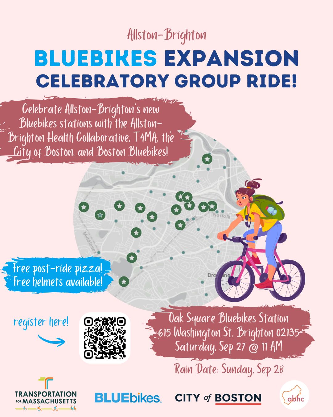 Flyer with a map showing green stars where new Bluebikes stations are in Allston Brighton