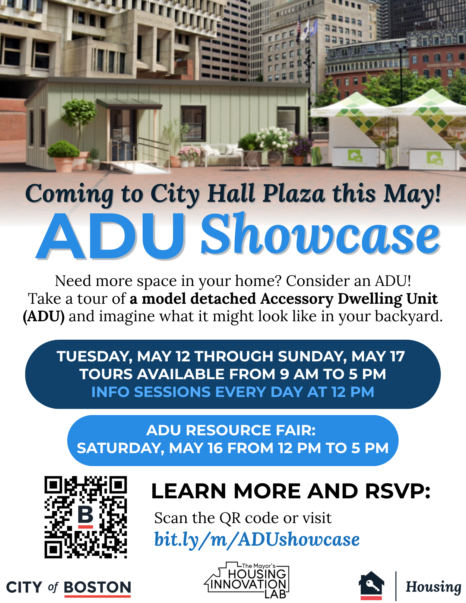 A header image featuring a pre-fabricated ADU in front of City Hall with information about the ADU Showcase and ADU Resource Fair.