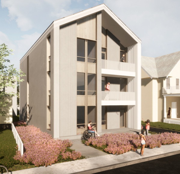 A digital rendering of one of the new condo buildings on Harvard Street