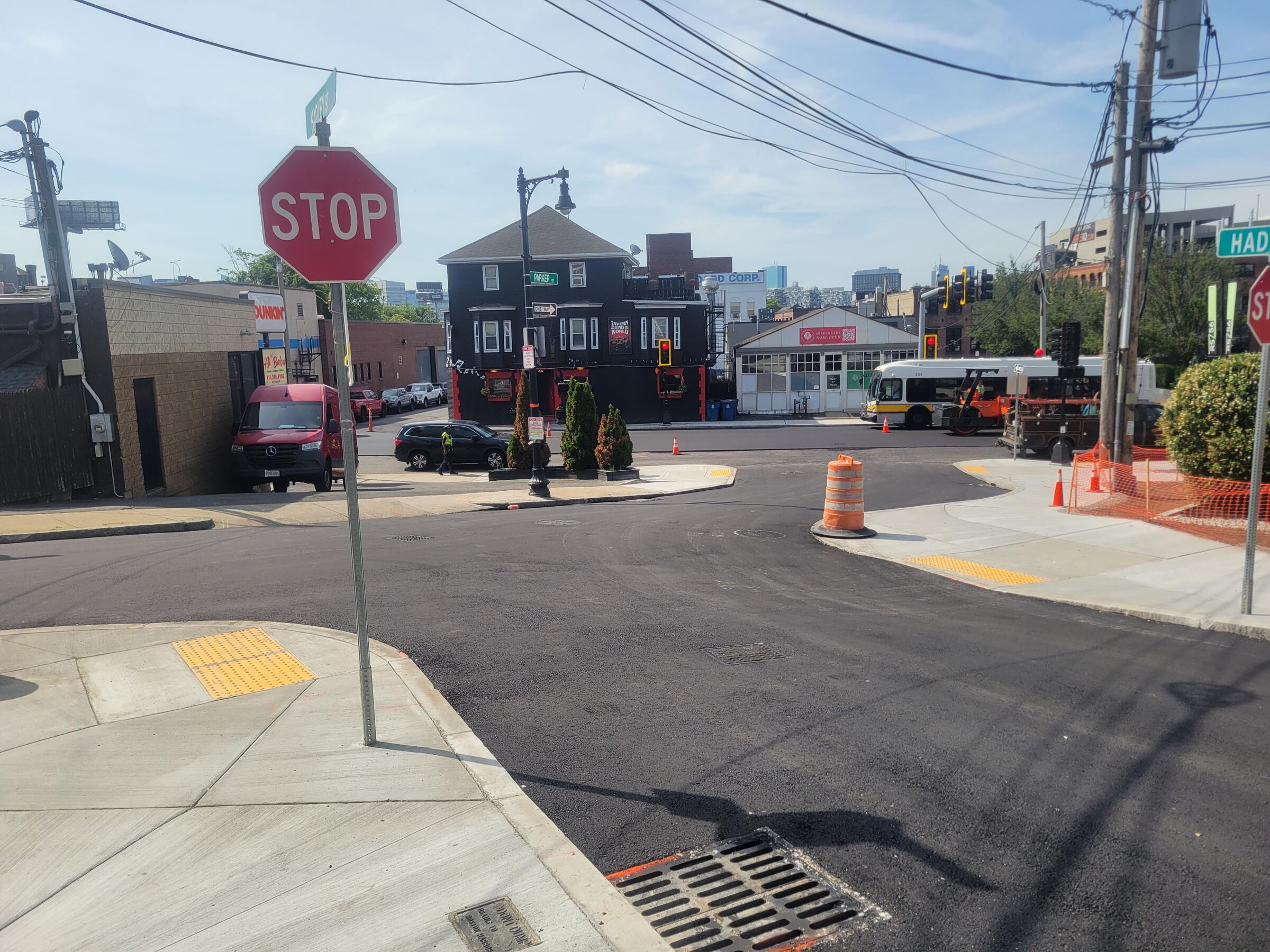 Freshly paved roadway at Parker Street and Hadley Street on June 10, 2026.