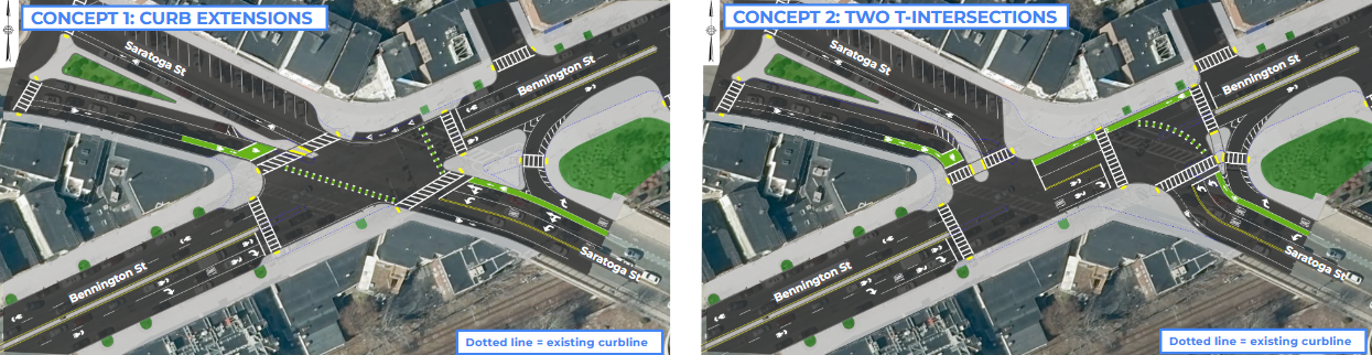 Two concept design options for Bennington/Saratoga, one with curb extensions and the other with two T-intersections.
