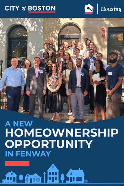 MOH staff and partners pose in a group in front of a modern, sunlight dappled brownstone.