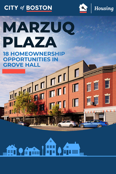 A digital rendering of Marzuq Plaza, which includes 18 homeownership opportunities in Grove Hall