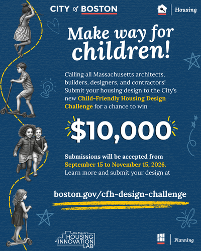A dark blue graphic with cartoon kids on the left promoting the Child-Friendly Housing Design Challenge