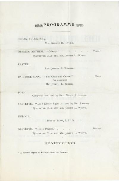 Program for Phillips Brooks Memorial Service, City Council Committee on Celebrations, Collection 0140.013           