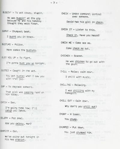 A page from a dictionary of popular slang terms compiled by the students of Dorchester High.