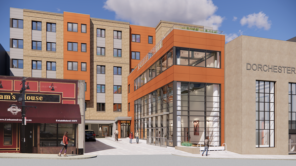 Digital rendering of the renovation and construction of Columbia Crossing, a new mixed-use, transit-oriented development in Upham’s Corner.