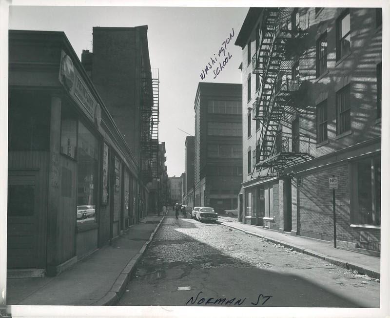 Norman Street showing the Washington School, May 1961, Boston Development Authority photographs, Collection 4010.001, Boston City Archives