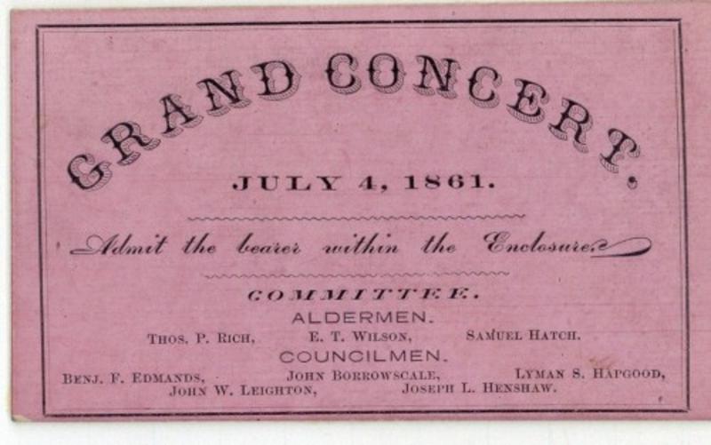 July 4 Grand Concert ticket, 1861, City Council Committee on Celebrations, Collection 0140.013, Boston City Archives, Boston