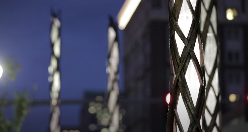 A view of the Boston Marathon markers from the ground.