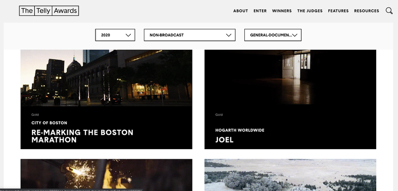A screenshot of the Telly Awards website.