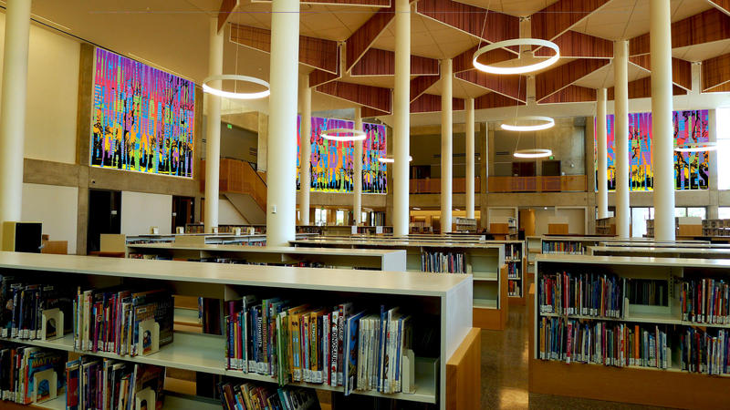 Photo of interior of Roxbury Branch with public artwork