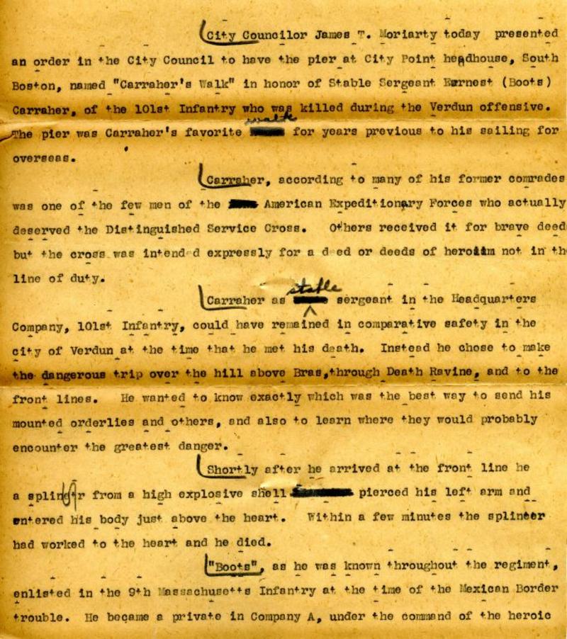  Carraher's Walk, Park Commissioners requested to so name pier at City Point Headhous