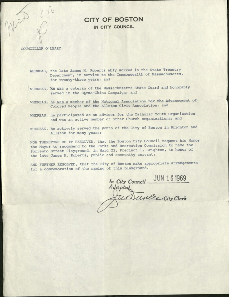 City council docket from 1969 regarding Roberts Playground