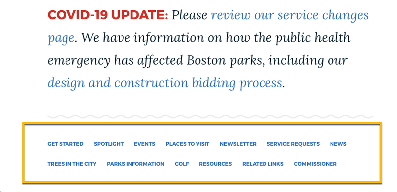 The original layout of links on the Parks homepage.