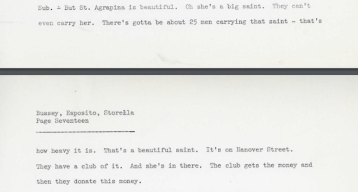 the women describe the St. Argrapina statue as large and beautiful. They note how there are at least 25 men carrying the statue and exclaim how heavy it is.