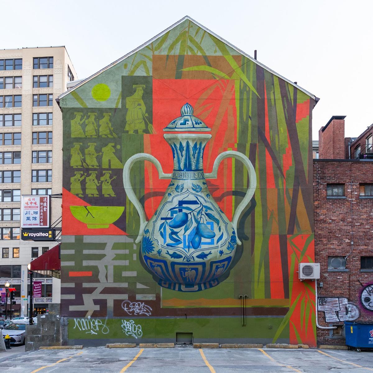 Chinatown mural of blue tea pot