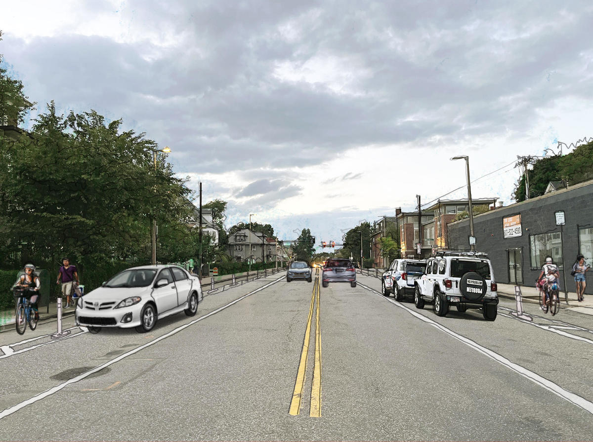 A photo realistic rendering of South Huntington Ave showing proposed parking protected bike lanes.
