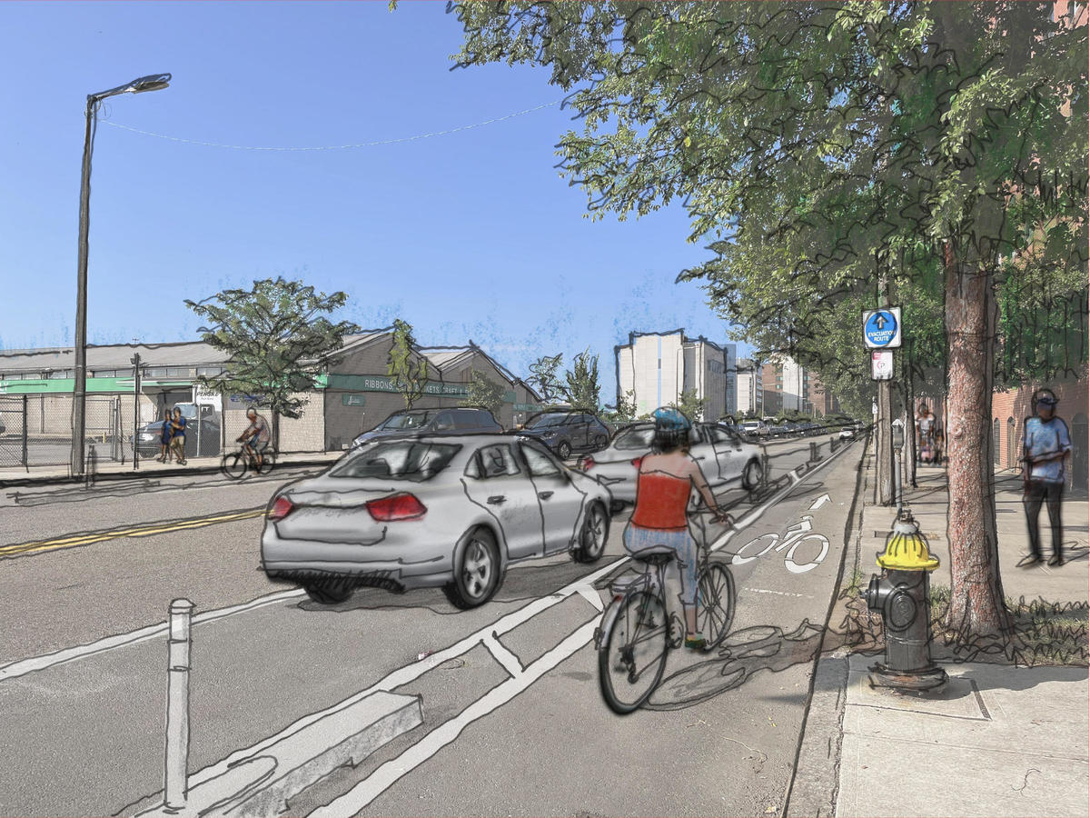 A computer-generated illustration of a parking-protected bike lane on Albany Street.