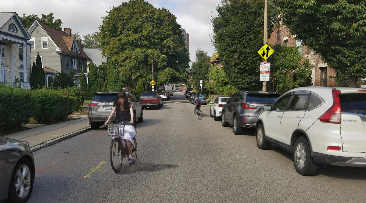 A computer-generated illustration of South Street. A speed hump is visible and people on bikes are traveling in both directions.