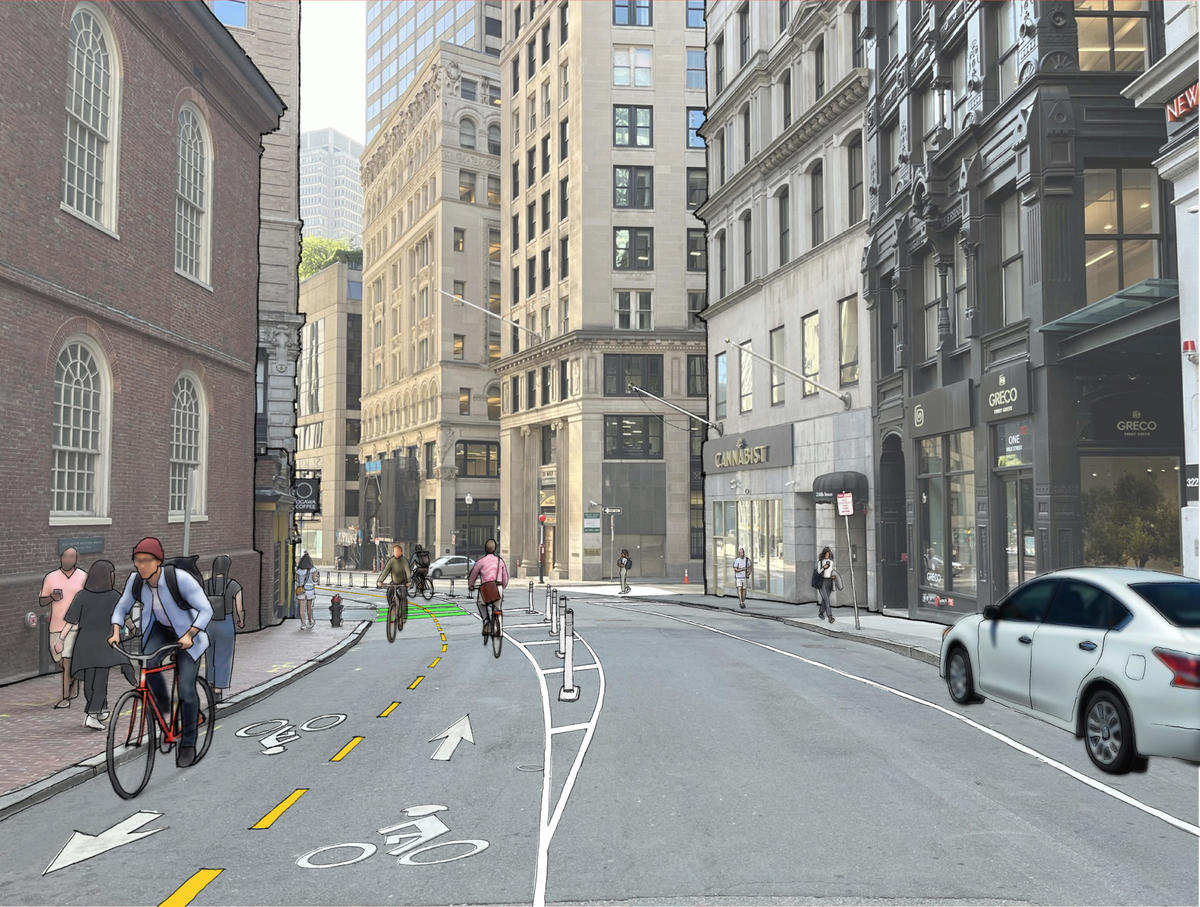 Artist's depiction of BTD's vision for Milk Street. The view is from Washington Street looking towards Milk Street. The Old South Church is on the left. In the road, there is a two-way separated bike lane on the left side of the street. A parked car can be seen on the right side.