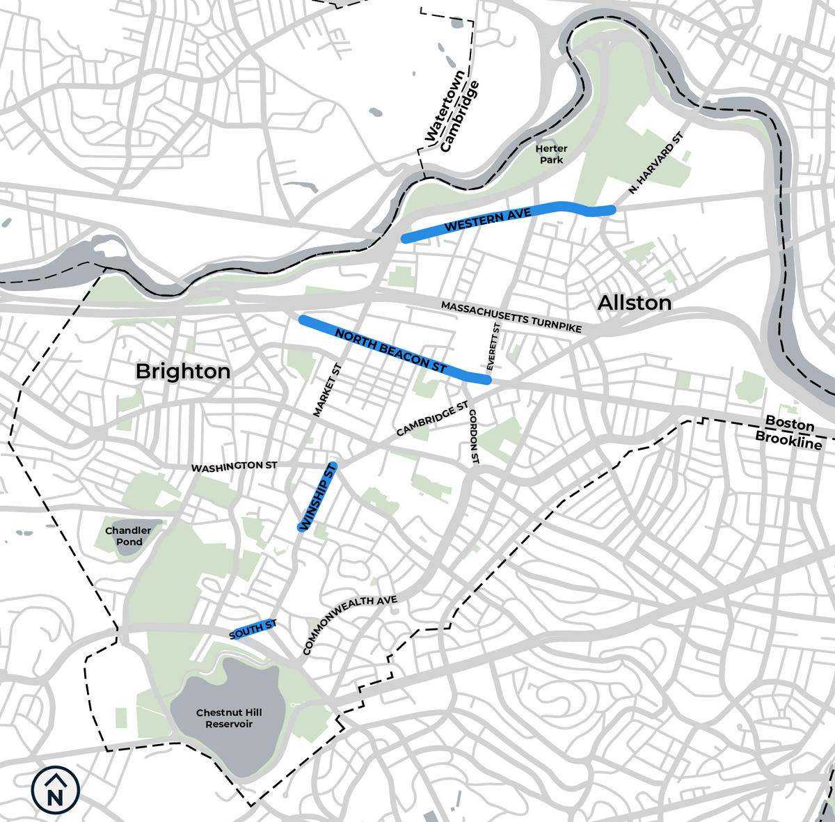 Map showing streets highlighted in Allston-Brighton for better bike lanes