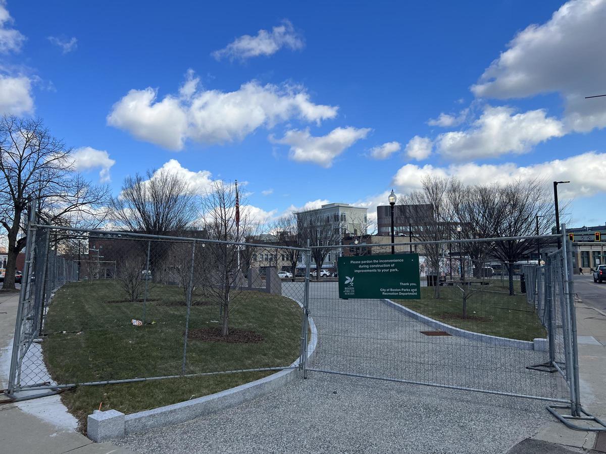 Park fenced off nearing completion of construction.