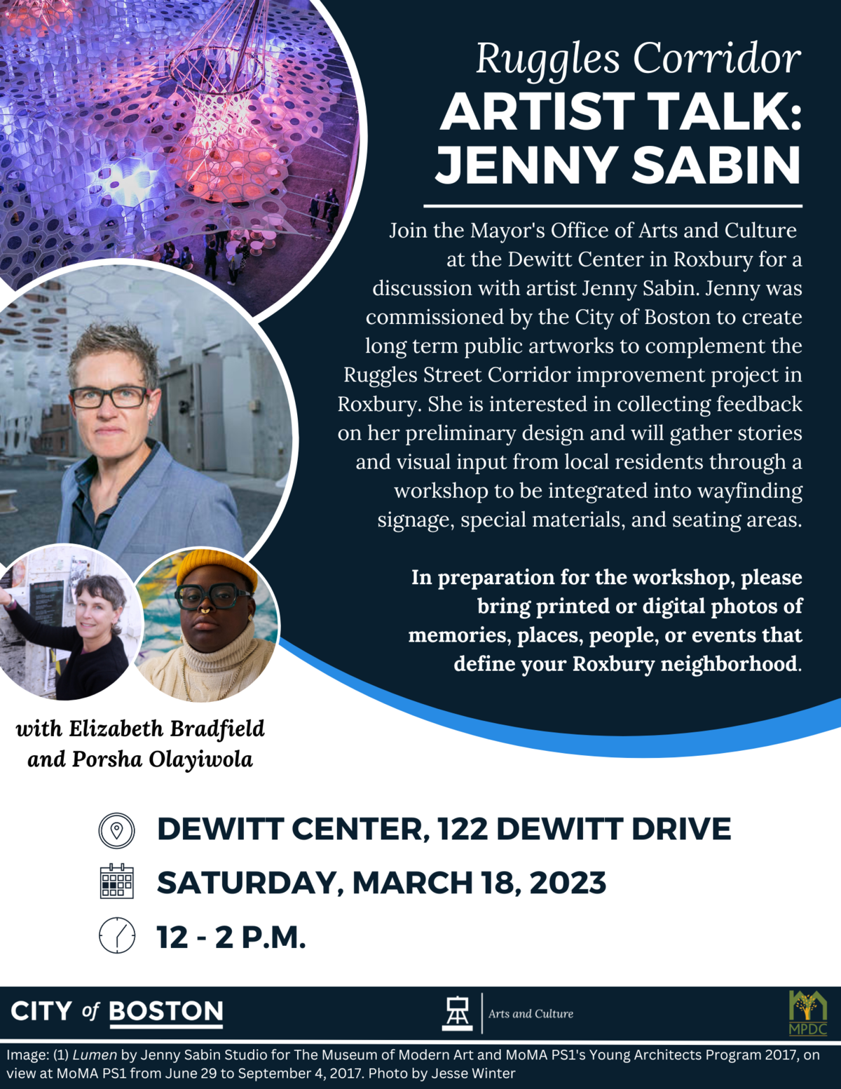 Ruggles Corridor Artist Talk: Jenny Sabin, with Elizabeth Bradfield and Porsha Olayiwola. Dewitt Center, 122 Dewitt Drive, Saturday, March 18, 2023, 12 - 2 p.m. In preparation for the workshop, please bring printed or digital photos of memories, places, people, or events that define your Roxbury neighborhood.