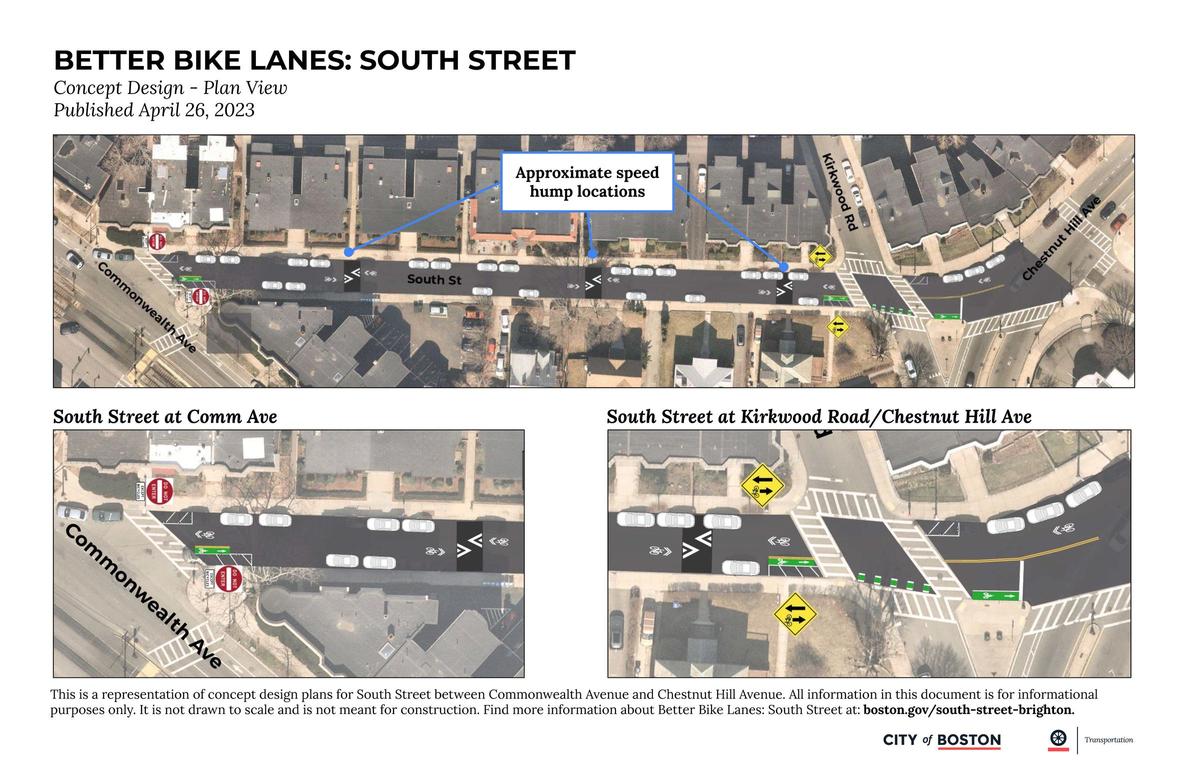 Plan view of South Street, showing three speed humps, signage, and striping