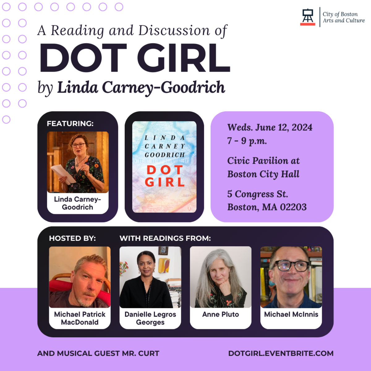 Flyer for "A Reading and Discussion of Dot Girl by Linda Carney-Goodrich"