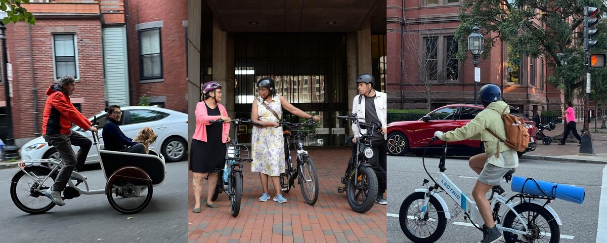 a collage of three different photos with people on e-bikes