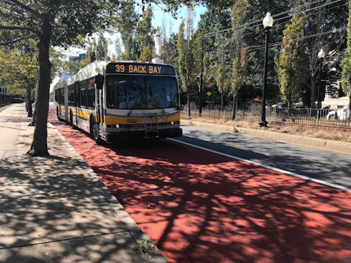 Route 39 Bus in red painted bus lane on Huntington Ave