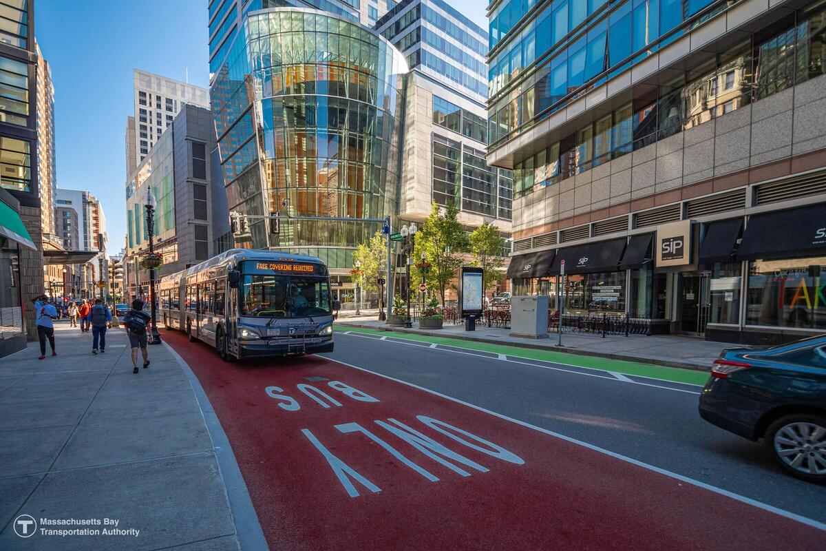 Silver Line bus in red-pained bus lane in downtown Boston