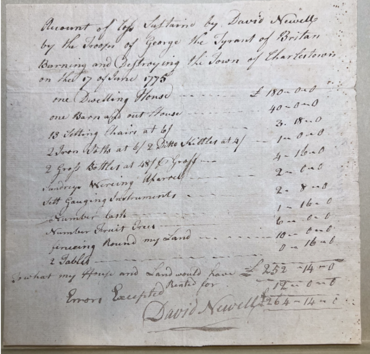  A handwritten 18th-century document titled “Account of Loss Sustained by David Newell by the Troops of George the Tyrant of Britain Burning and Destroying the Town of Charlestown on the 17 of June 1775