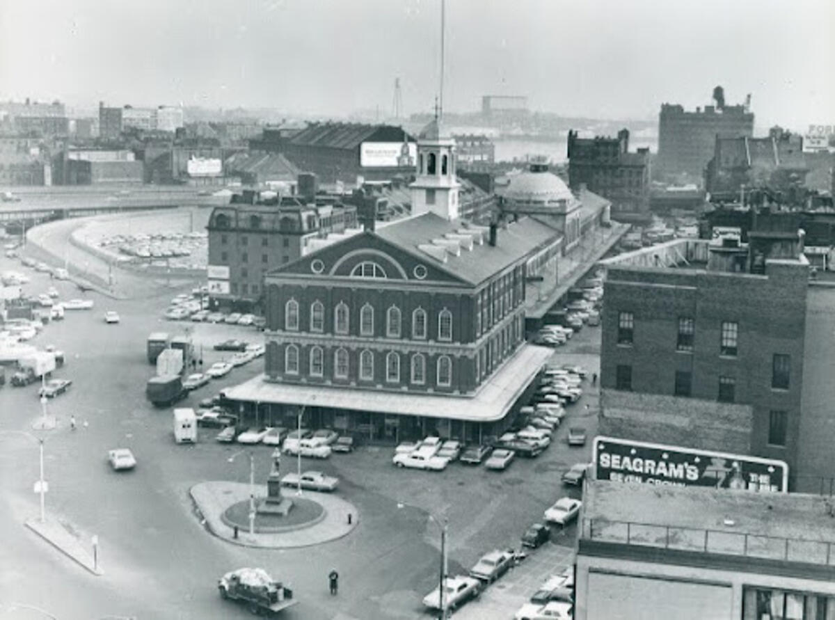 A historic photo showing Faneuil Hall