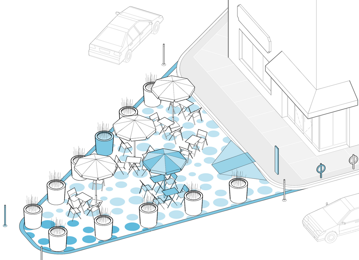 a diagram showing a tactical neighborhood plaza including permitter barriers, ground graphics, and street furniture