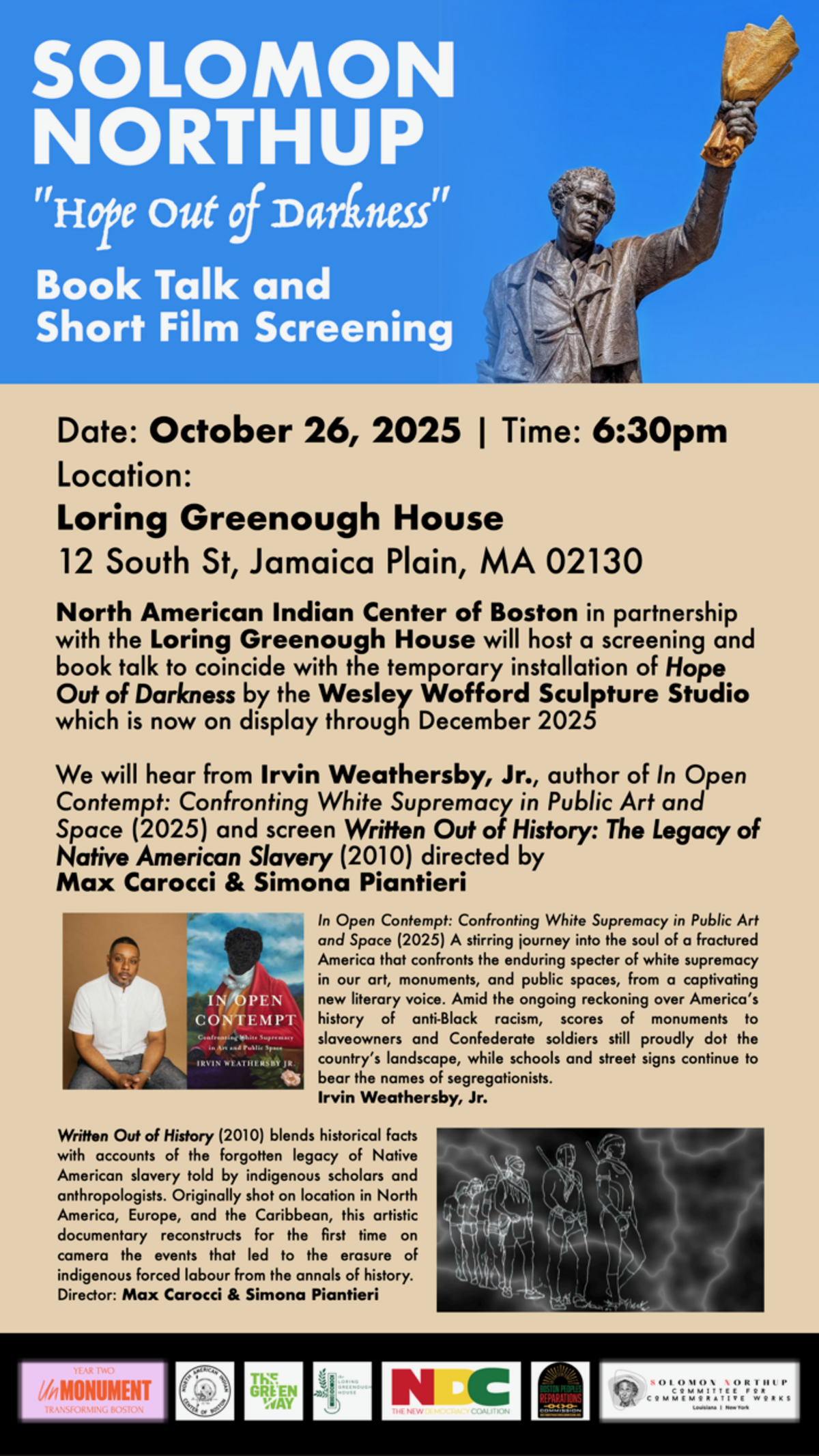 NAICOB is partnering with the Loring-Greenough House to present two events on October 22 and October 26 about Solomon Northup