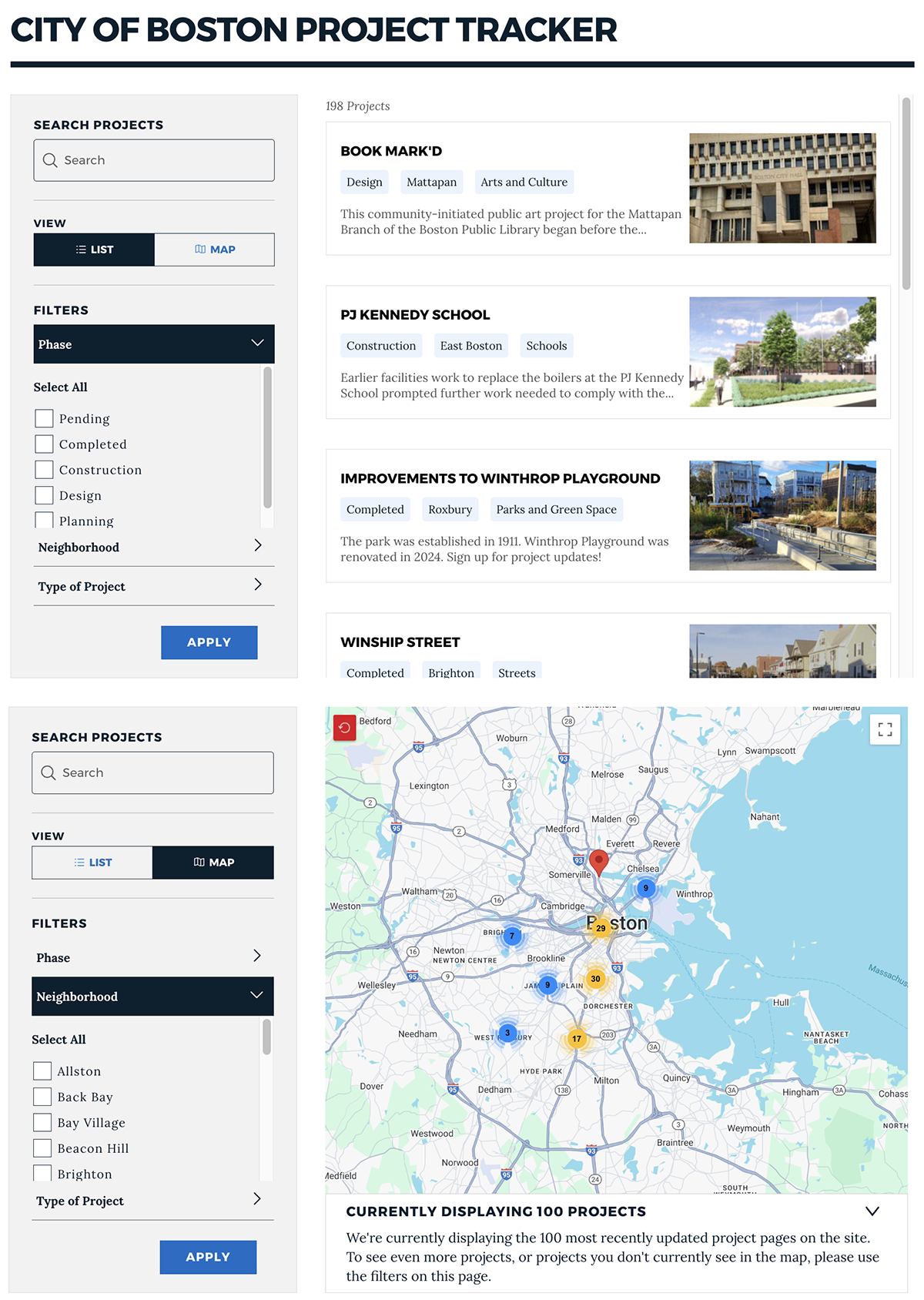 A screenshot of the list and map view of the Citywide Project Tracker.