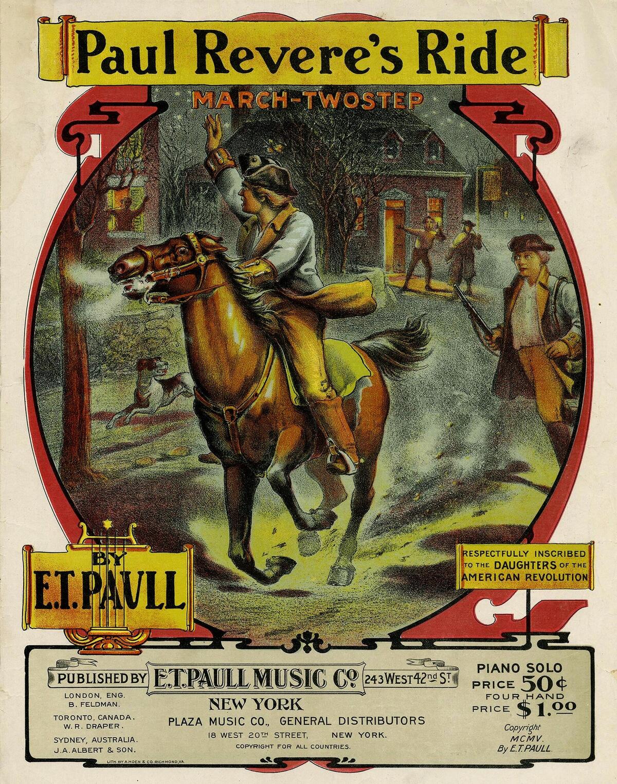 Paul Revere's Ride March TwoStep with a drawing of Paul Revere on the horse and a home in the background as well as other men in colonial garb with muskets promoting a concert by E.T. Paull Music Company.