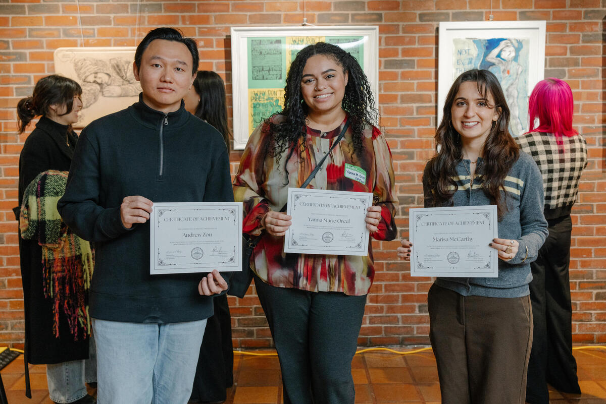 The three juror's choice winners stand with their certificates at the 2025 Fay Chandler Emerging Art Exhibition reception.