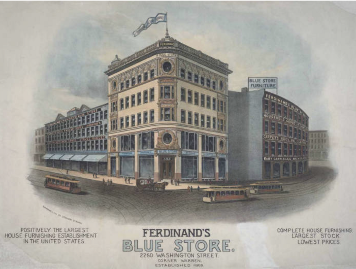 1895 lithograph of Ferdinand’s Blue Store.