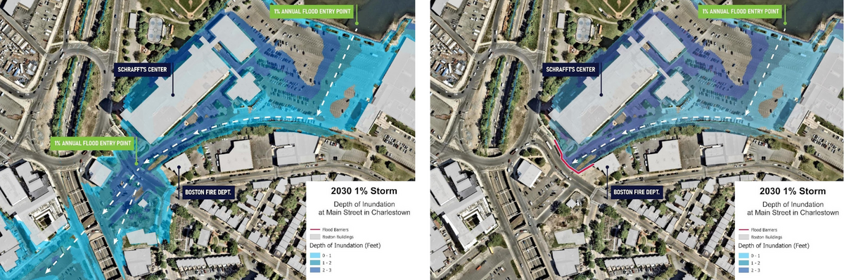 Map of flooding with and without Charlestown Main Street deployable during a 2030 1% storm. The flooding is more extensive without the deployable