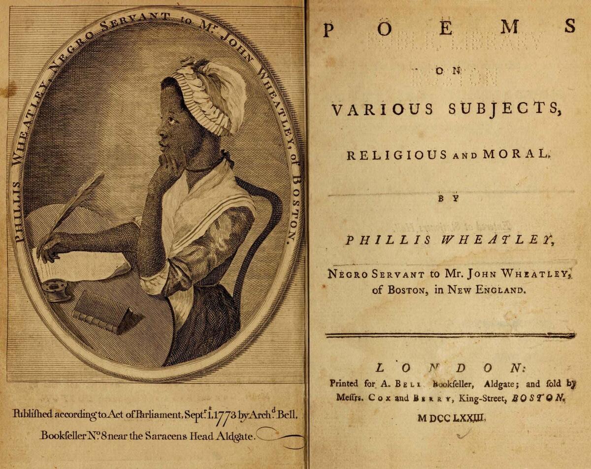 Picture of Phillis Wheatley's book, shows the cover of the book as well as a drawn portrait of her.