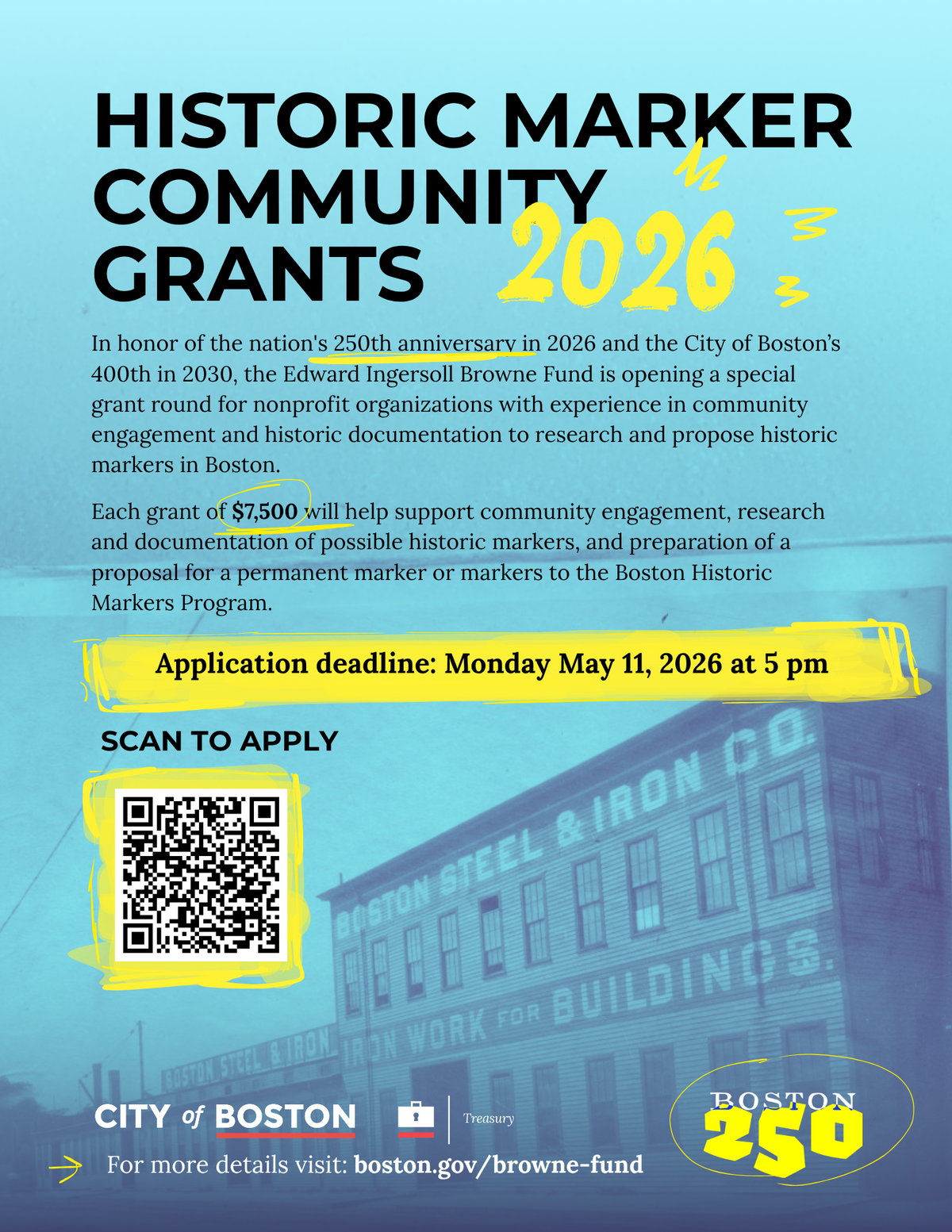 Historic Markers Community Grants 2026 Flyer with information on the amount, the date the application is due, and how to apply